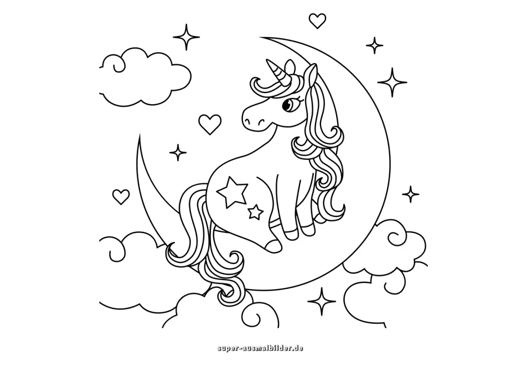 Einhorn Malvorlage auf dem Mond