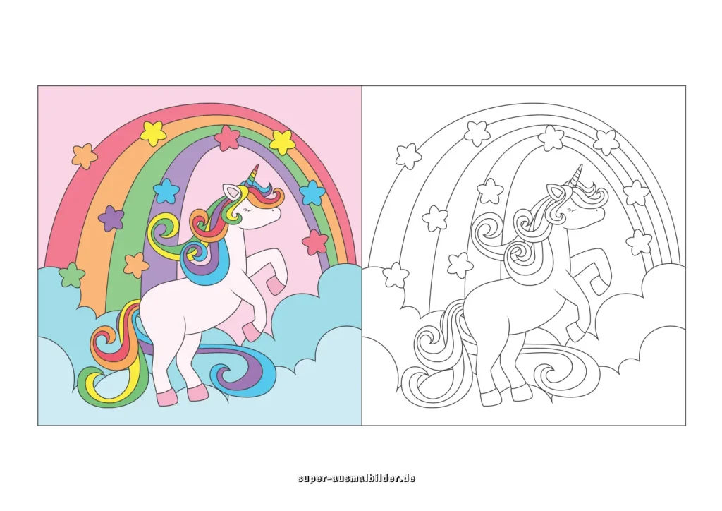 Einhorn Malvorlage mit Farbbeispiel 1