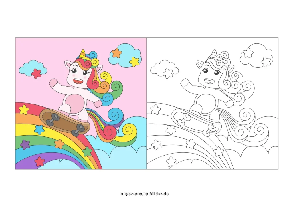 Einhorn Malvorlage mit Farbbeispiel 2