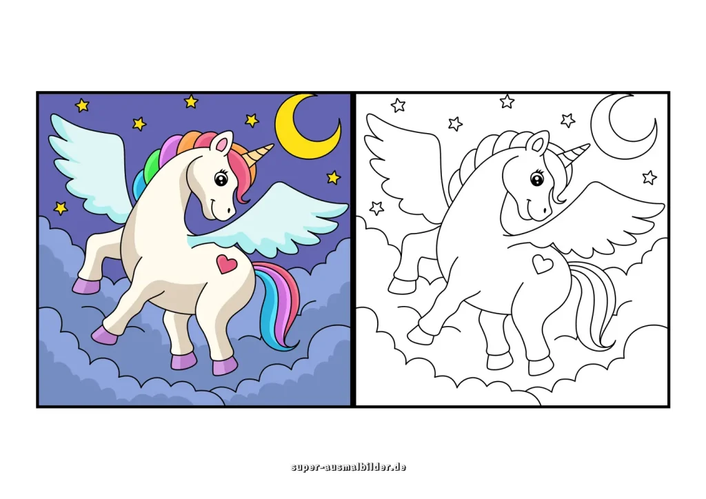 Einhorn Malvorlage mit Farbbeispiel 3