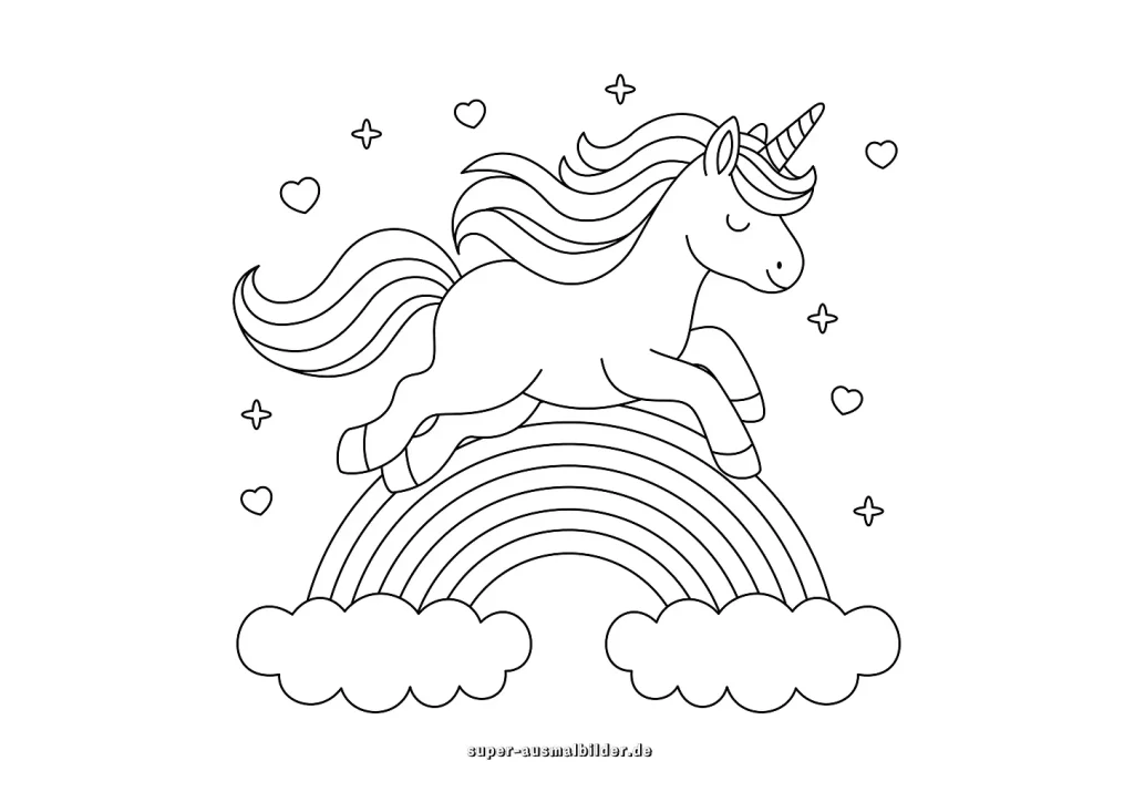 Einhorn mit Regenbogen – Ausmalbild kostenlos drucken