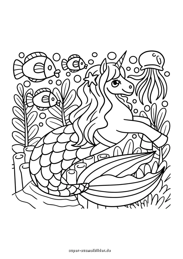 Einhorn und Meerjungfrau unter Wasser – kostenlos ausmalen