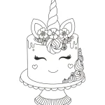 Einhorn und Torte zum Geburtstag – Ausmalbild für Kinder