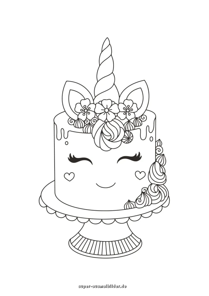 Einhorn und Torte zum Geburtstag – Ausmalbild für Kinder