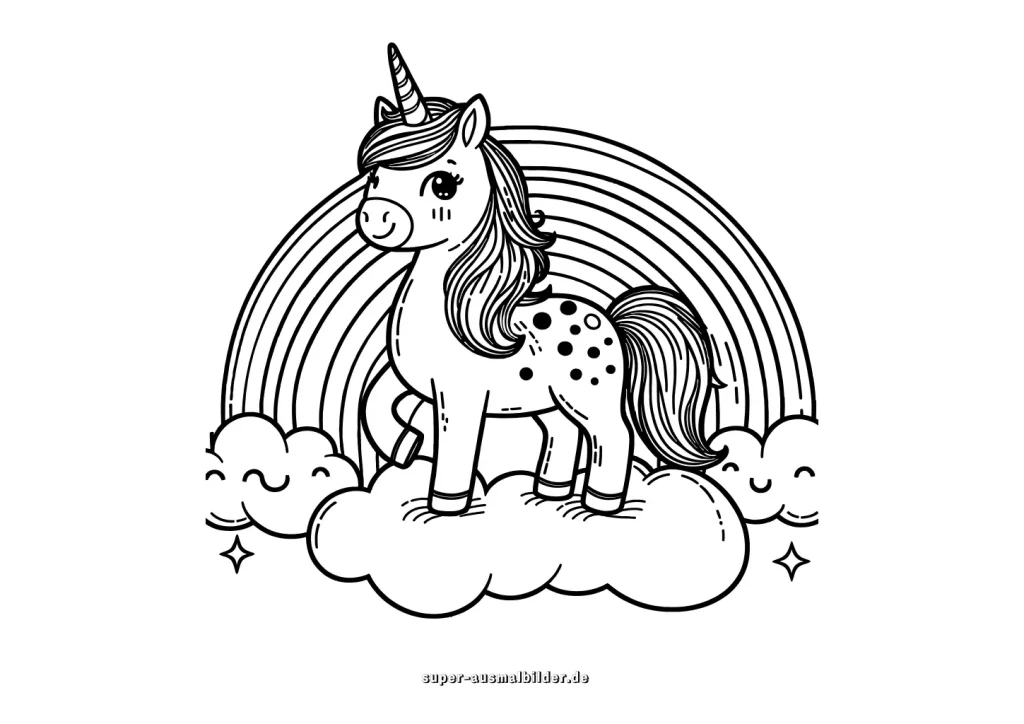 Magisches Einhorn unter dem Regenbogen – Gratis Malvorlage