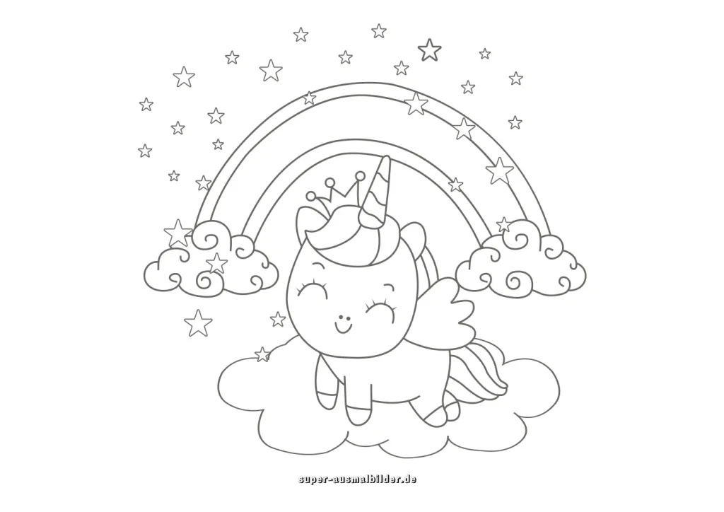 Süßes Einhorn fliegt durch den Regenbogen – Malbild A