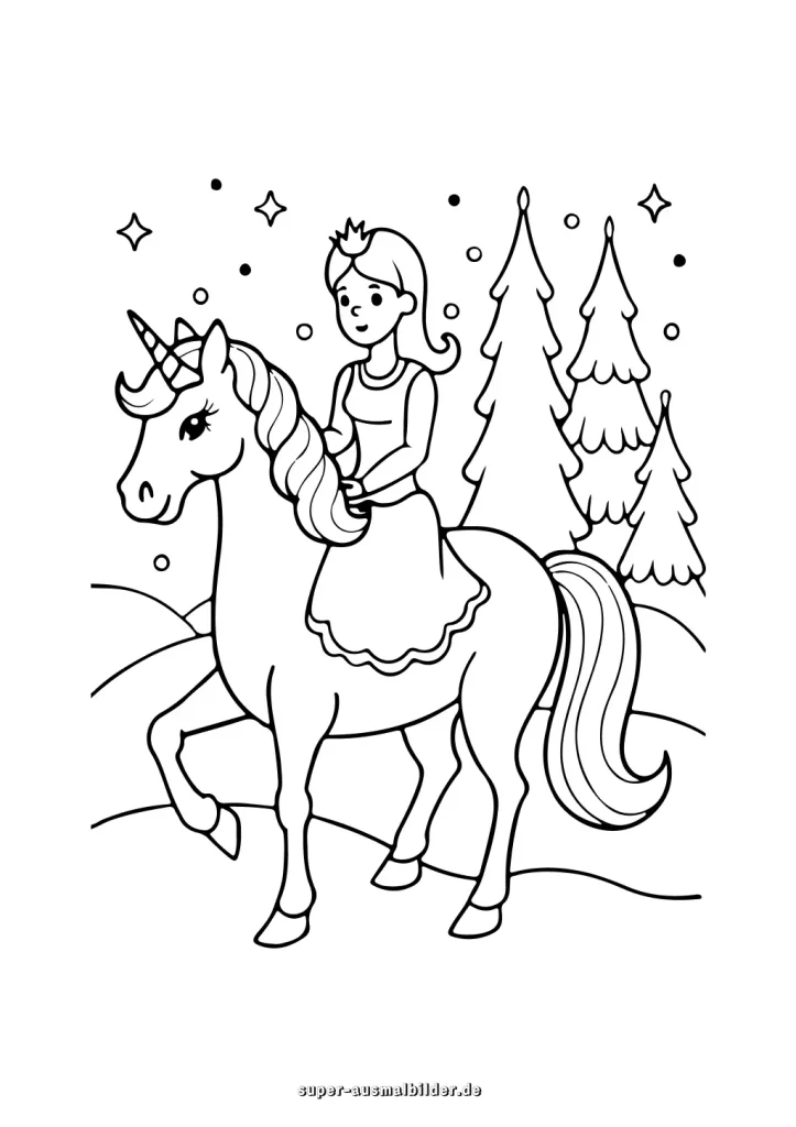Traumhafte Ausmalbilder Prinzessin mit Einhorn drucken