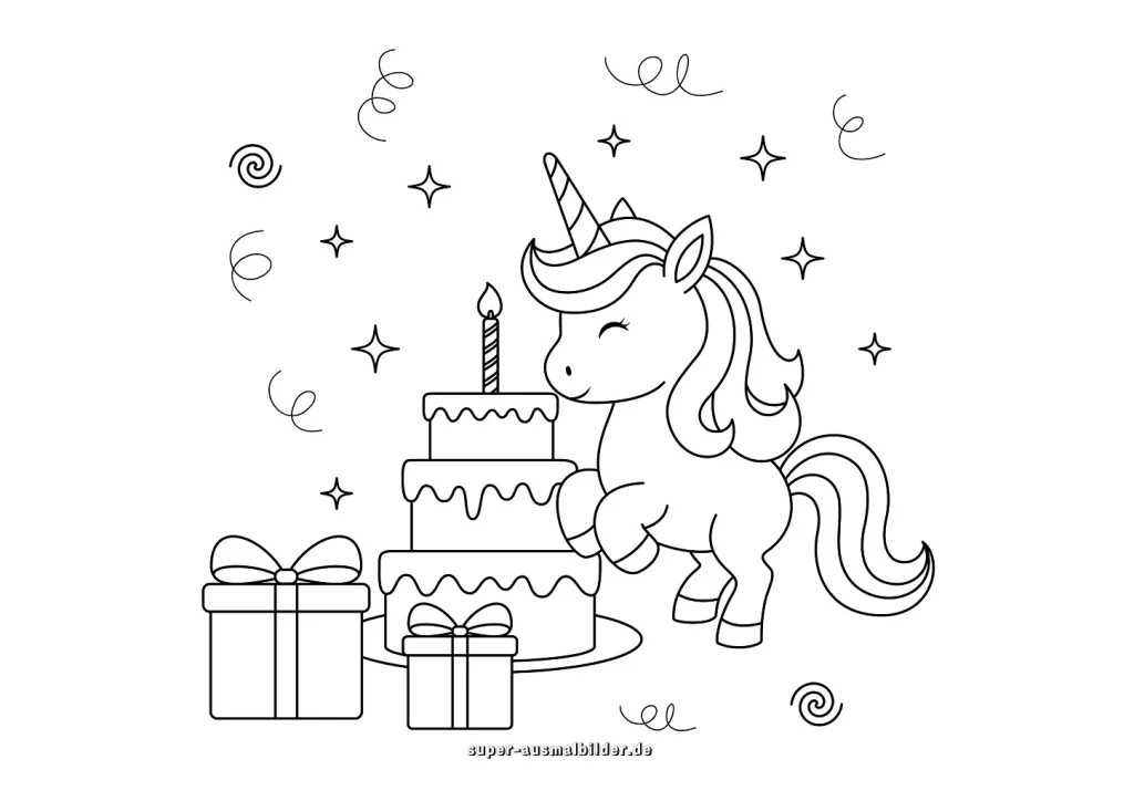 Zum Ausmalen Einhorn mit Torte und Kerzen – kostenlos