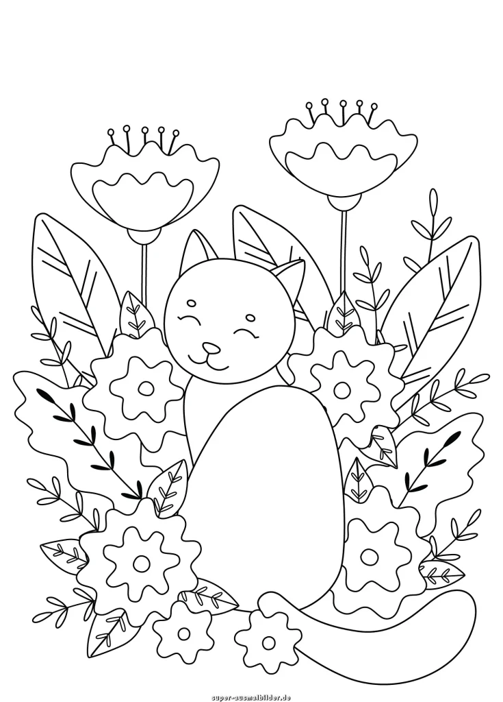 Ausmalbilder mit Blumen und einer Katze