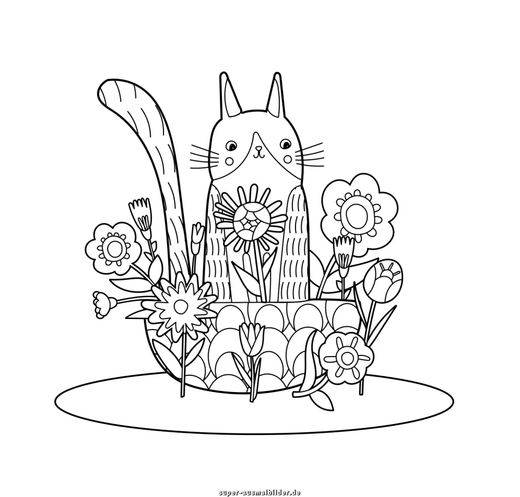 Blumen und eine süße Katze kostenlos ausmalen