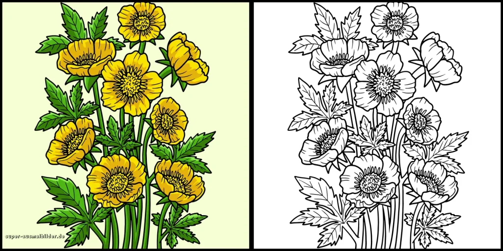 Gelbe Blumen Malvorlagen mit Farbbeispiel