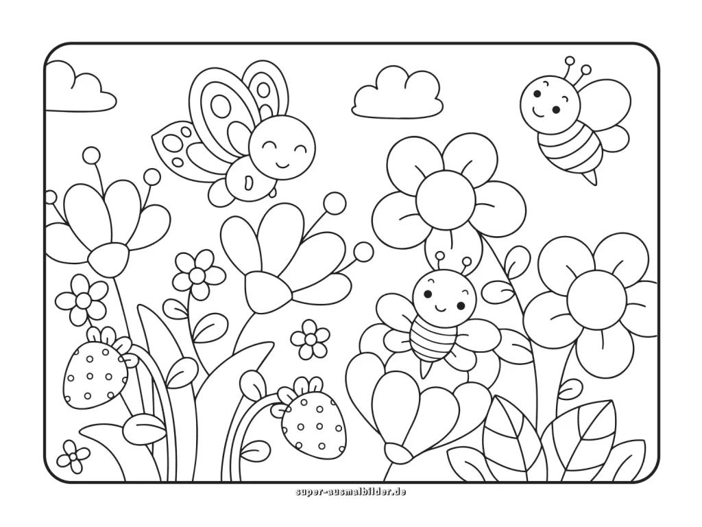 Kostenlose Ausmalbilder für Kinder mit Blumen, Bienen und Erdbeeren