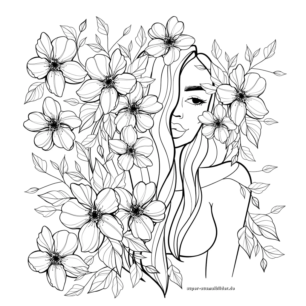 Mädchen mit Blumen Malvorlage für Erwachsene