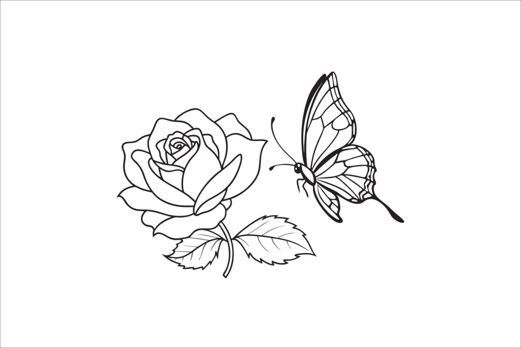 Schwalbenloses Malbuch mit Rose und Schmetterling