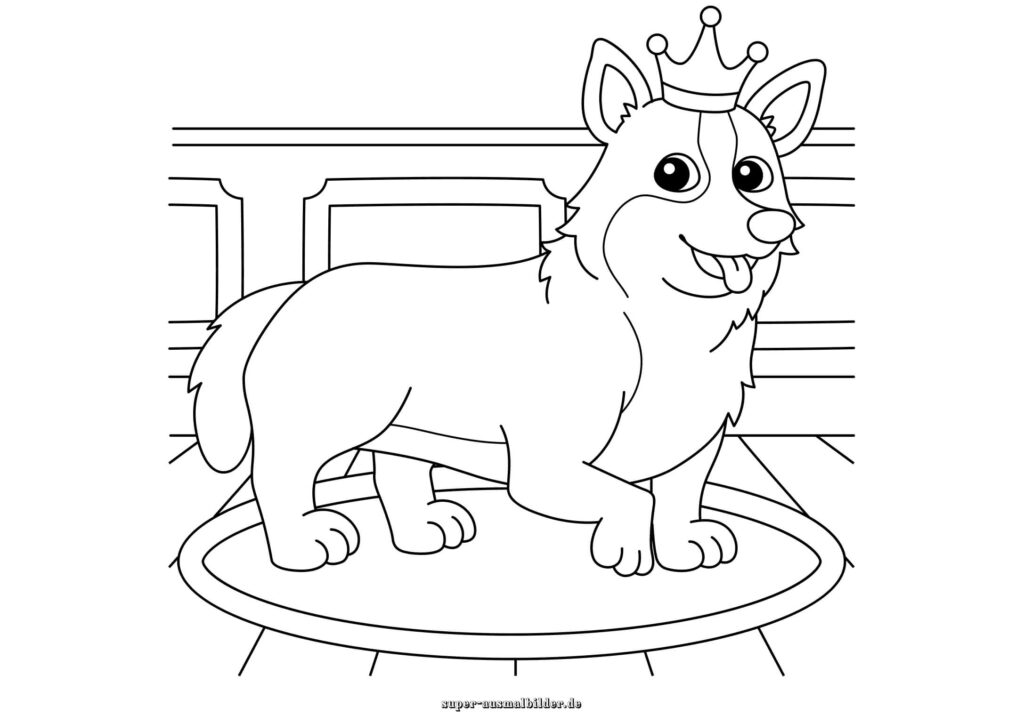 Ausmalbild Corgi Hund mit Krone königlicher Hund zum Ausmalen