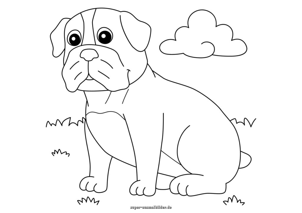 Ausmalbild Hund Bulldogge mit großen Augen im Garten