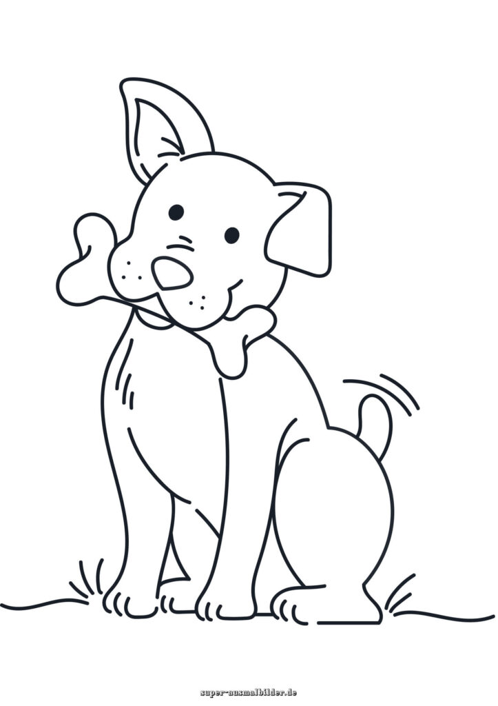 Ausmalbild Hund Cartoon Welpe mit Knochen im Maul, Malvorlage Hund für Kinder