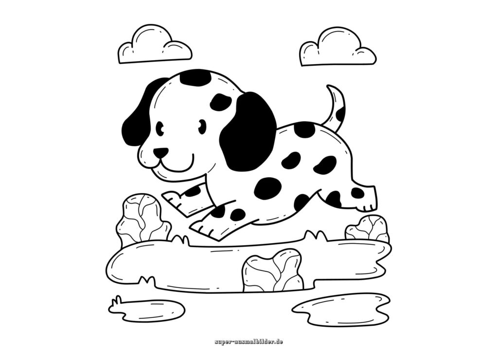 Ausmalbild Hund Welpe – Dalmatiner Hund mit Flecken springt im Garten mit Wolken