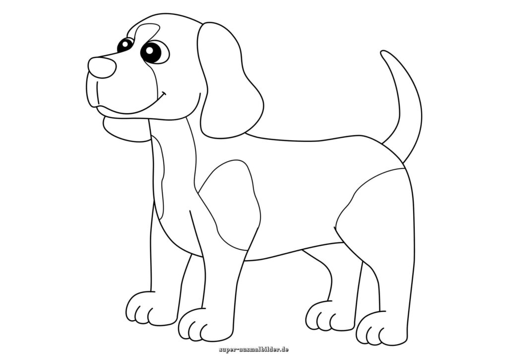 Ausmalbild Hund einfacher Cartoon Beagle mit großen Augen, Hund Malvorlage zum Ausdrucken