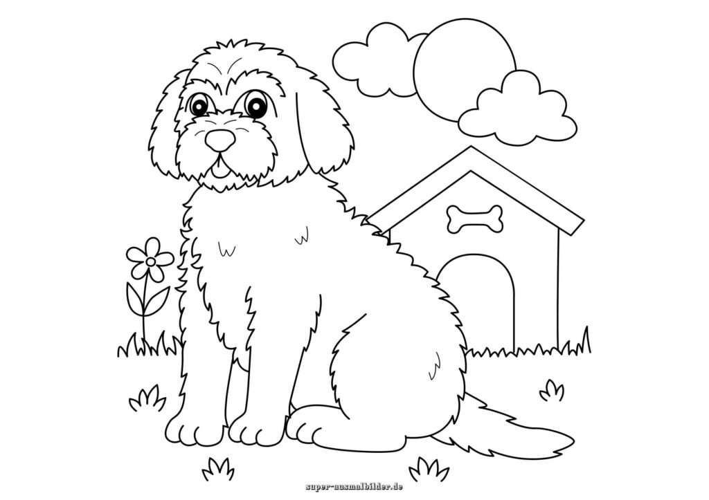 Ausmalbild Hund flauschiger Hund sitzt vor Hundehütte mit Blume und Sonne, Hund Malvorlage