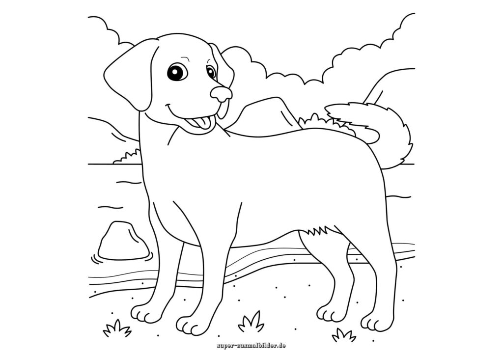 Ausmalbild Hund fröhlicher Hund steht am Fluss im Park, Hund Malvorlage zum Ausmalen