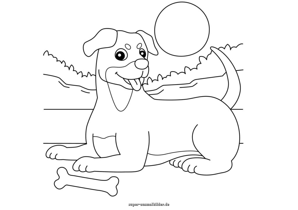 Ausmalbild Hund lachender Hund liegt im Garten mit Knochen, Malvorlage Hund für Kinder