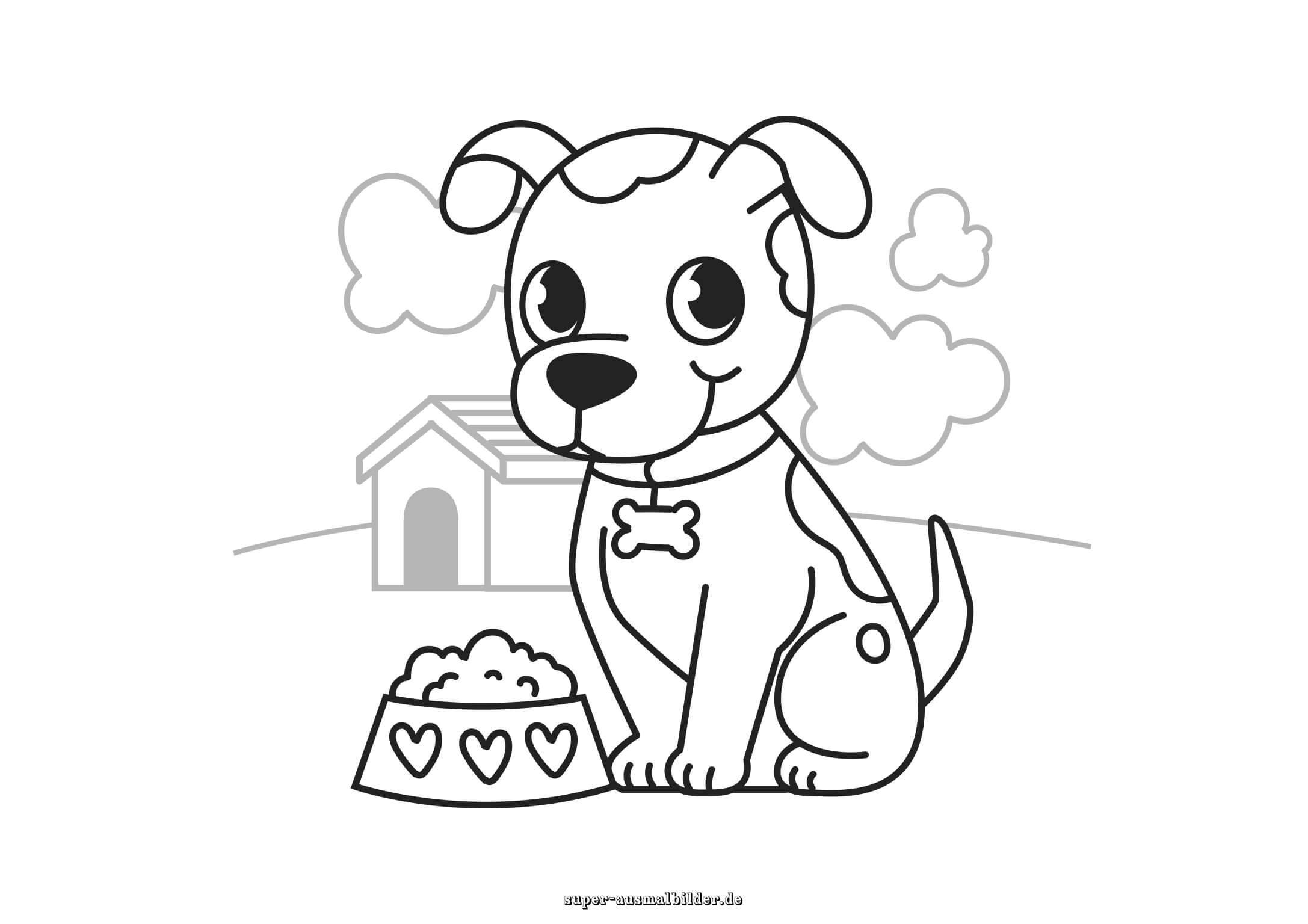 Ausmalbild Hund mit Futternapf – süßer Hund vor Hundehütte zum Ausmalen