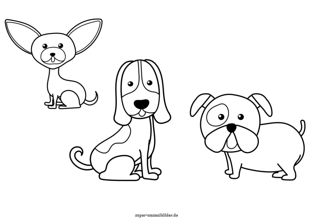 Ausmalbild Hunde drei kleine Hunde Chihuahua Beagle Bulldogge
