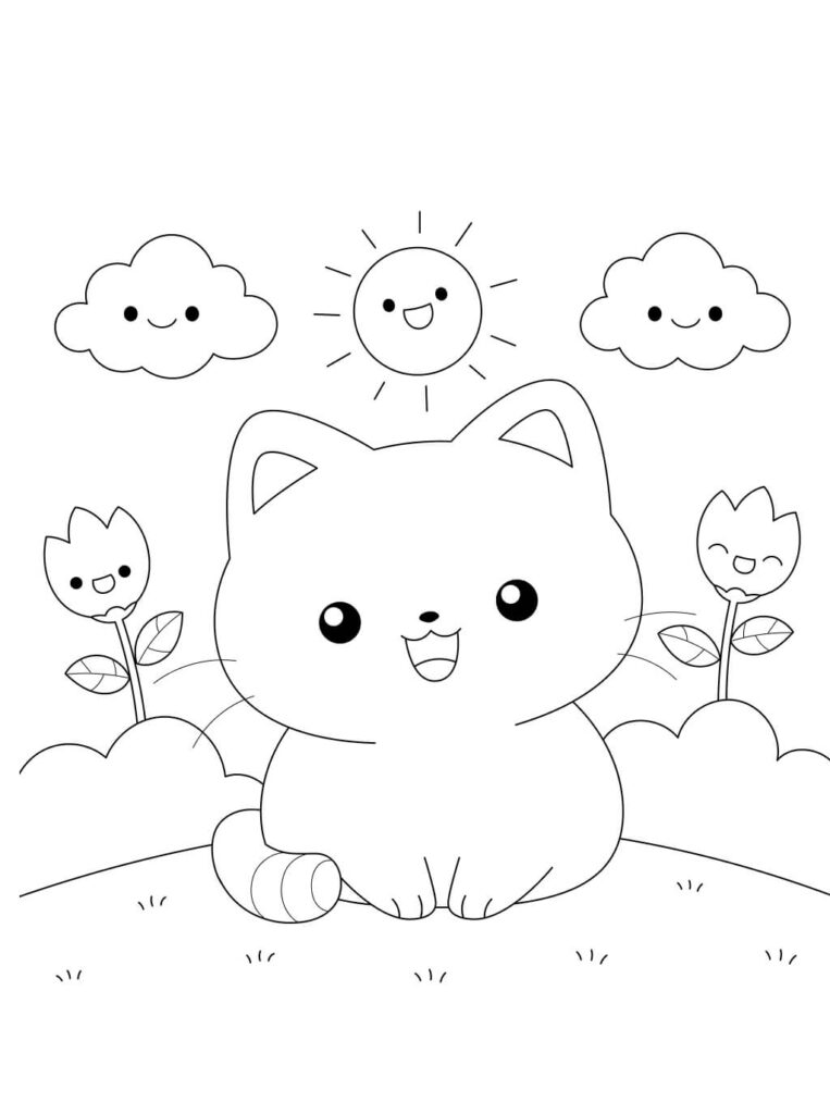 Ausmalbild Katze im Garten – süße Katzen Malvorlage für Kinder
