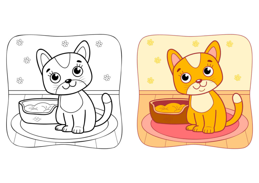 Ausmalbild Katze mit Körbchen und Beispiel – süßes Kätzchen Malvorlage für Kinder
