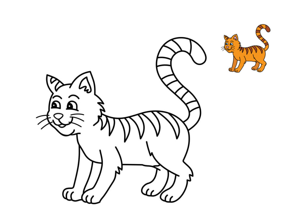 Ausmalbild Katze mit Streifen und Beispiel – stehende lächelnde Katze zum Ausdrucken