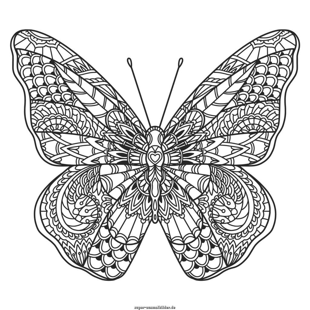 Ausmalbild Schmetterling Mandala – großer Schmetterling mit Blumenmustern und Ornamenten, Mandala Schmetterling zum Ausdrucken