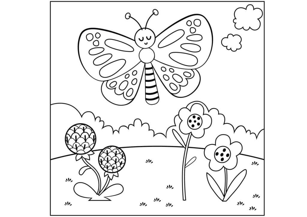 Ausmalbild Schmetterling fliegender Schmetterling über Wiese mit Blumen, Schmetterling Ausmalbild kostenlos