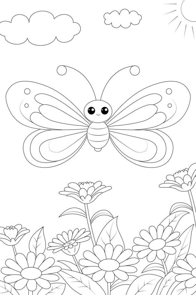 Ausmalbild Schmetterling lächelnder Schmetterling fliegt über Blumenwiese, Malvorlage Schmetterling kostenlos