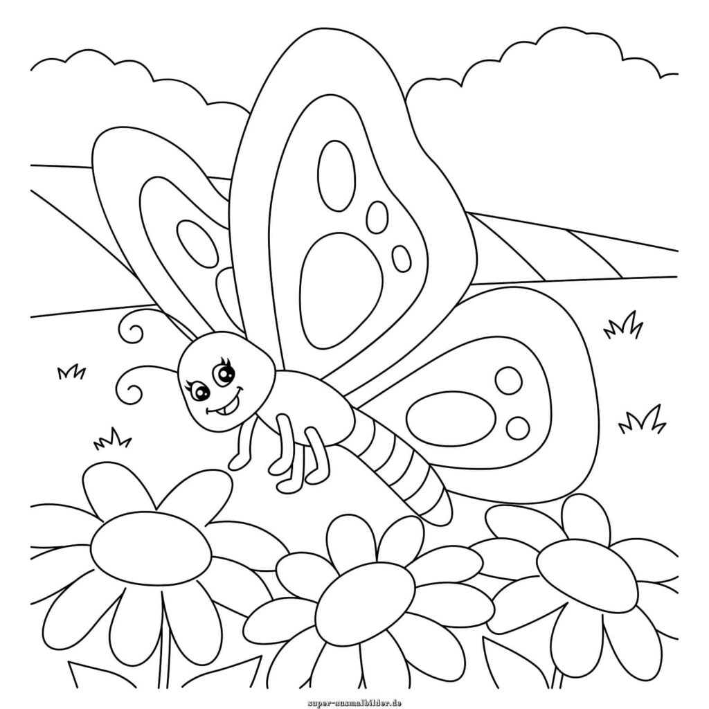 Ausmalbild Schmetterling süßer Schmetterling auf Blumenwiese, Schmetterling Ausmalbild kostenlos