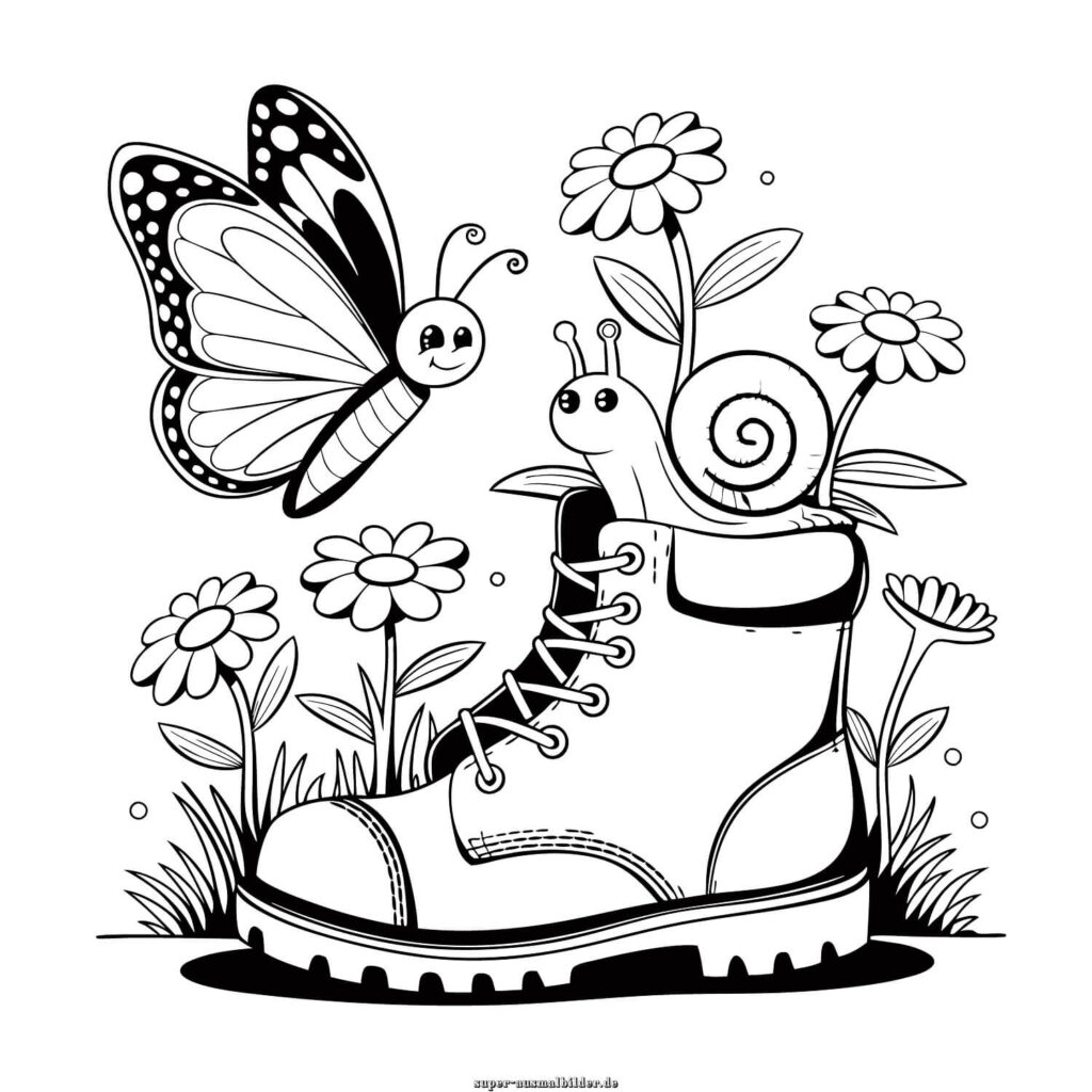 Ausmalbild Schmetterling und Schnecke im Stiefel lustiger Schmetterling mit Blumen und Schnecke, Schmetterling Ausmalbild kostenlos