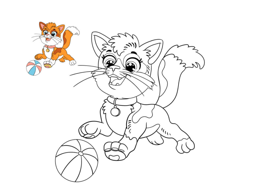 Ausmalbild spielende Katze mit Ball und Beispiel – lustige Katzen Malvorlage