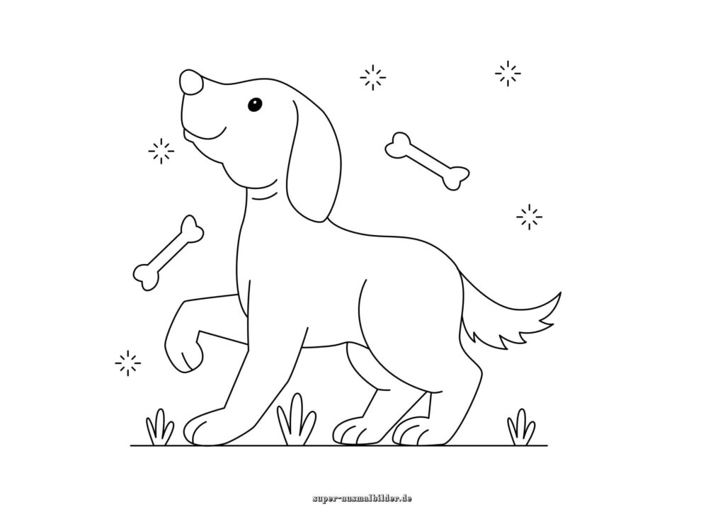 Ausmalbilder Hund fröhlicher Hund mit Knochen zum Ausmalen