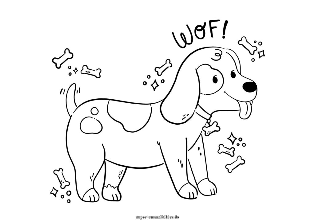 Ausmalbilder Hund – süßer Hund mit Knochen und Schriftzug WOF, einfache Hund Malvorlage zum Ausdrucken