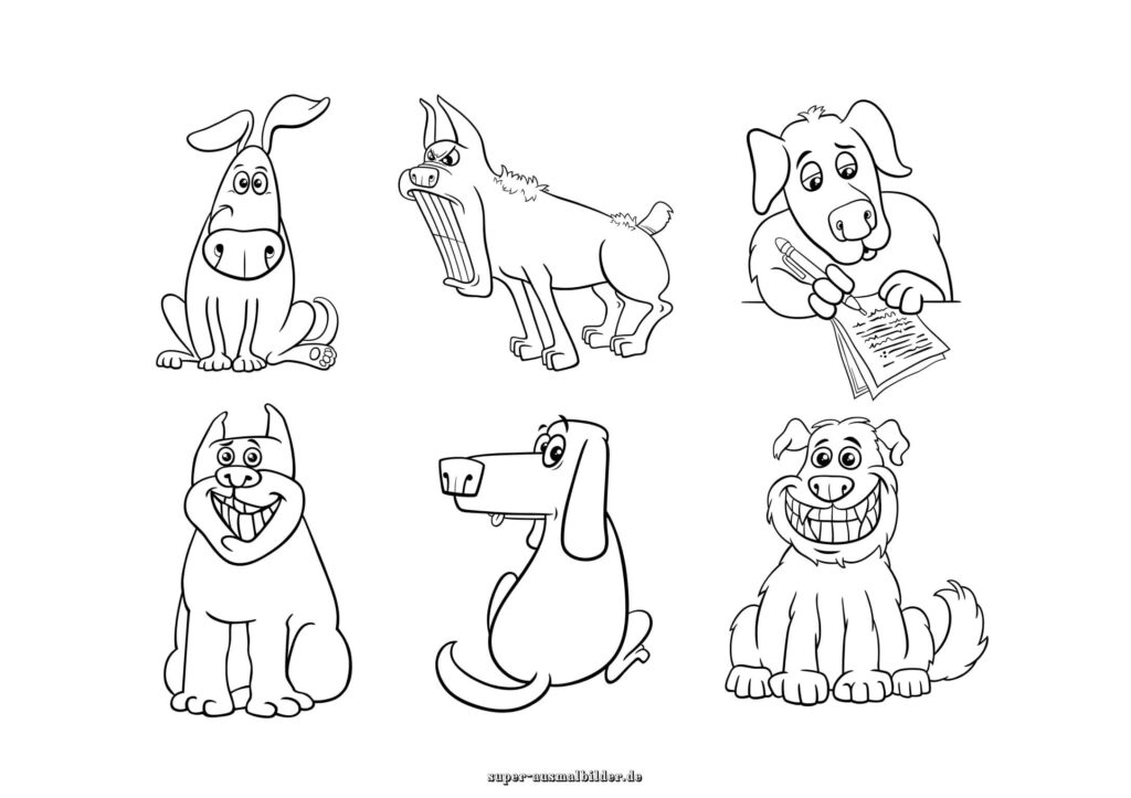 Ausmalbilder Hunde lustige Cartoon Hunde mit verschiedenen Gesichtsausdrücken, Malvorlagen zum Ausmalen