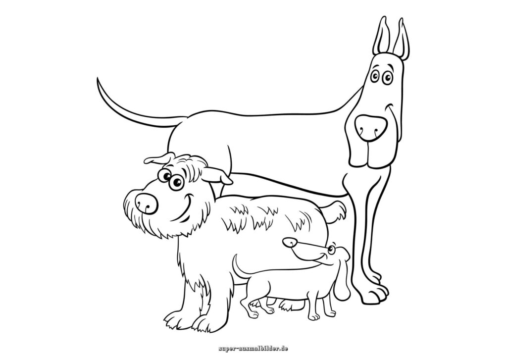 Ausmalbilder Hunde drei Cartoon Hunde verschiedener Rassen, Hund Malvorlagen zum Ausdrucken