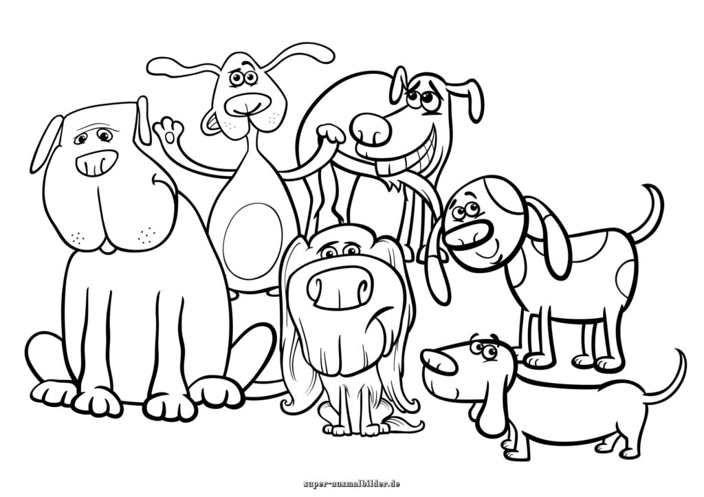 Ausmalbilder Hunde lustige Hund Gruppe, Cartoon Hund Malvorlagen zum Ausdrucken und Ausmalen