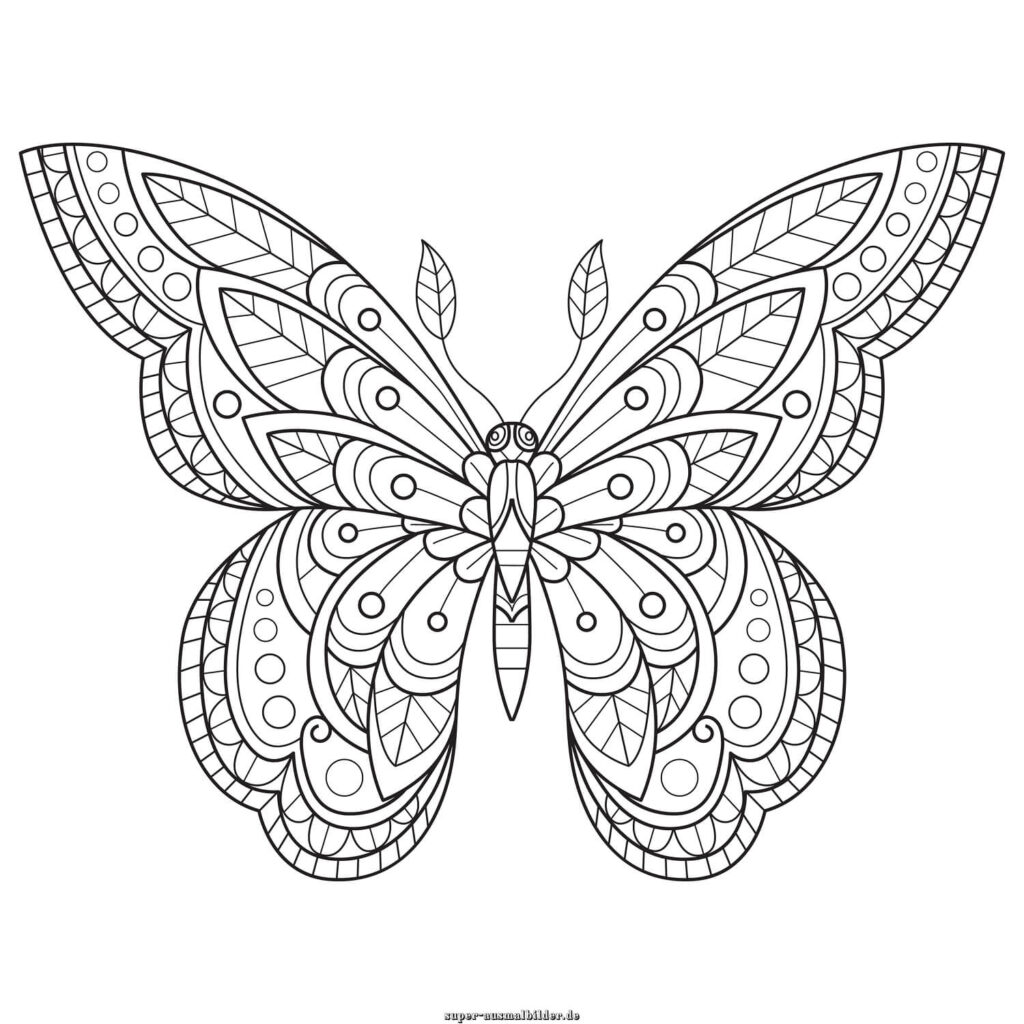 Ausmalbilder Schmetterling Mandala – kreativer Schmetterling mit floralen Details, Mandala Schmetterling zum Ausdrucken
