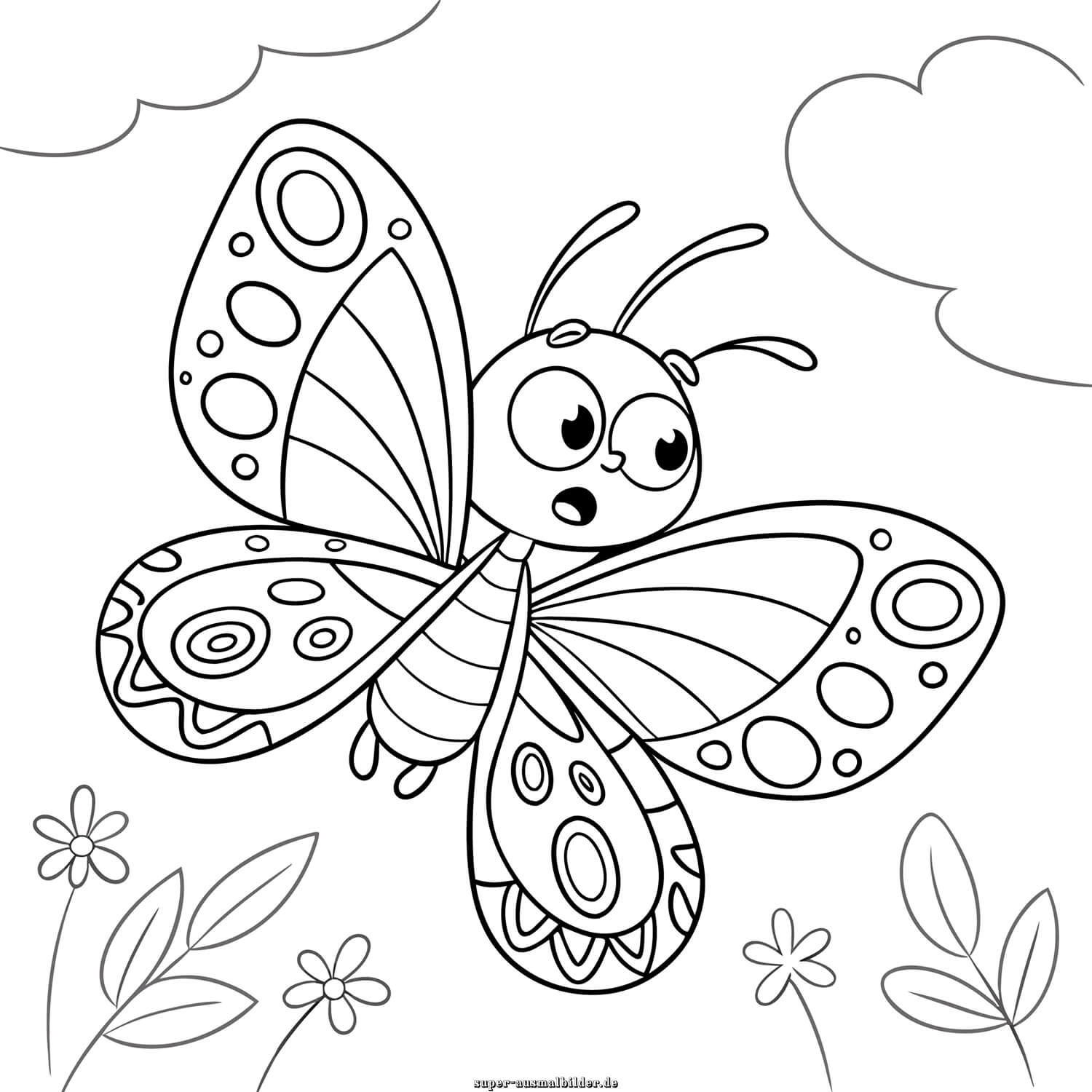 Ausmalbilder Schmetterling süßer Schmetterling mit runden Flügelmustern im Himmel, Schmetterling Malvorlage zum Ausmalen