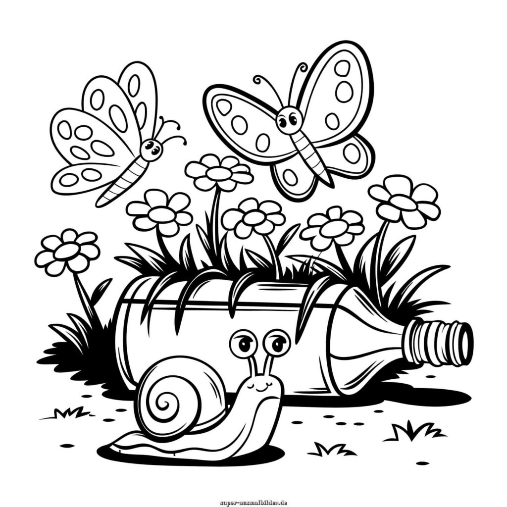 Ausmalbilder Schmetterling zwei Schmetterlinge über Blumenwiese mit Schnecke, Malvorlage Schmetterling kostenlos