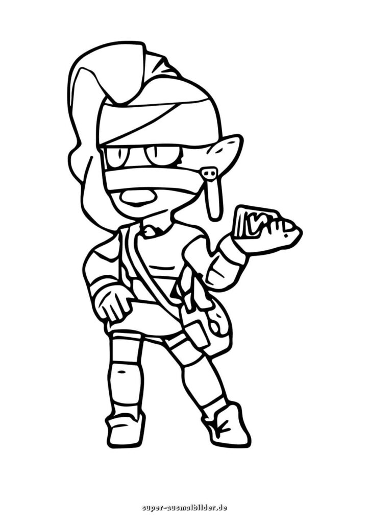 Brawl Stars Ausmalbild Mädchen Heldin mit Zopf und Fisch in der Hand, lustige Malvorlage zum Drucken super ausmalbilder