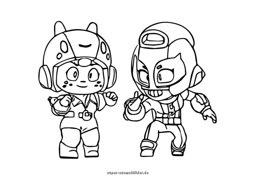 Brawl Stars Ausmalbild – Zwei Helden im Raumanzug mit Helm, Bilder zum Ausmalen und Nachmalen kostenlos super ausmalbilder