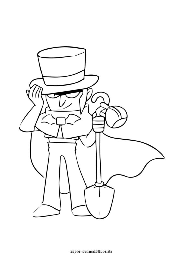 Brawl Stars Ausmalbilder Gentleman Held mit Zylinder und Schaufel, lustige Bilder zum Ausmalen für Kinder super ausmalbilder