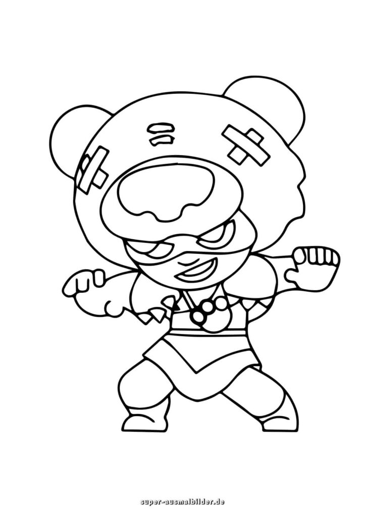 Brawl Stars Ausmalbilder Mädchen Heldin mit Bärenhaube in Kampfpose, lustige Malvorlagen für Kinder super ausmalbilder