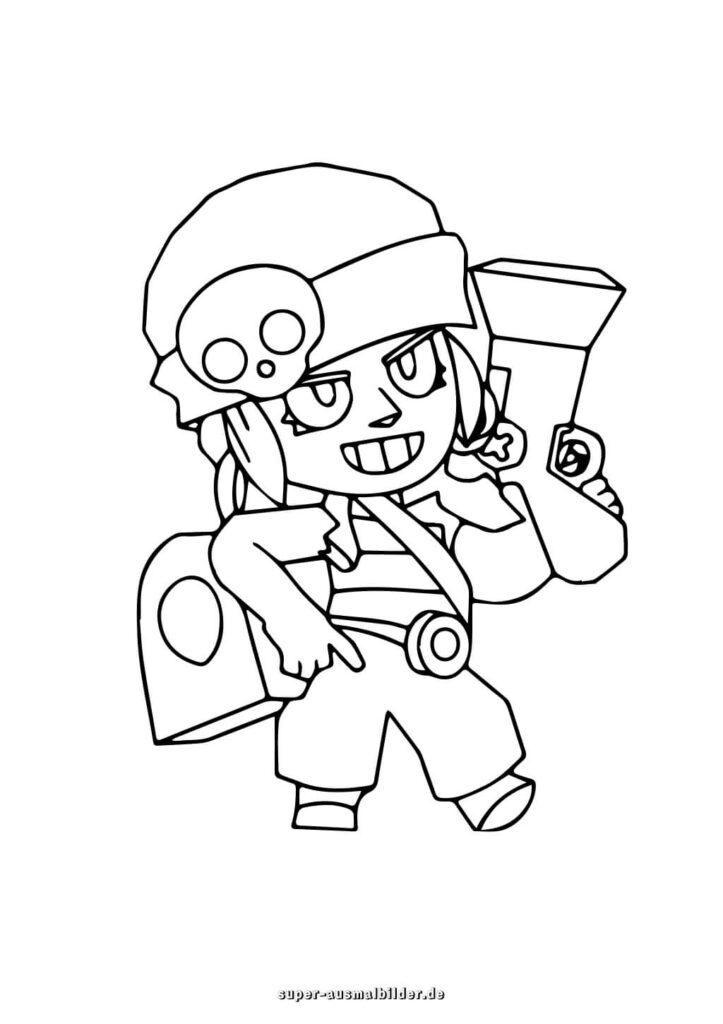 Brawl Stars Ausmalbilder Piraten Mädchen Heldin mit Pistole und Tasche, kostenlose Malvorlage für Kinder super ausmalbilder